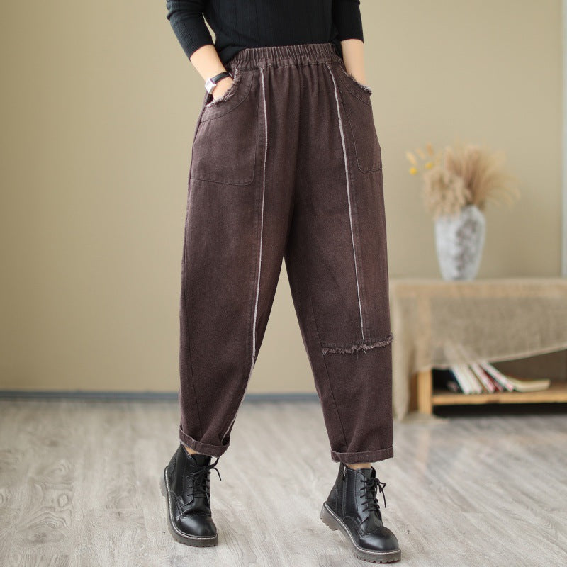 Trend Loose Coffee Pockets Harem Denim Cropped Pants Fall