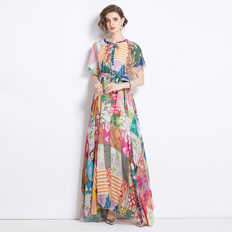 Retro Loose Patchwork Print Chiffon Dress