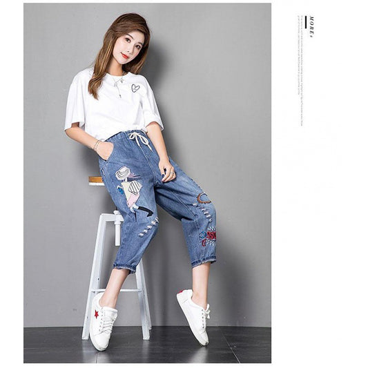 Blue Embroidery Pockets Elastic Waist Denim Wide Leg Pants Autumn