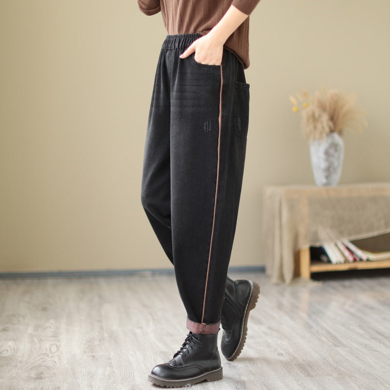 Trend Black Pockets Harem Denim Cropped Pants Fall