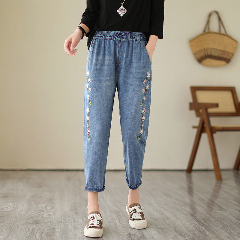 Trend Pockets Embroidered Elastic Waist Denim Pants Autumn