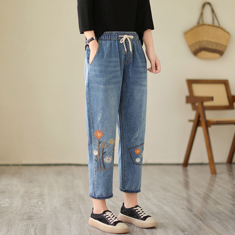 Trend Blue Embroidered Drawstring Elasticity Denim Pants Autumn