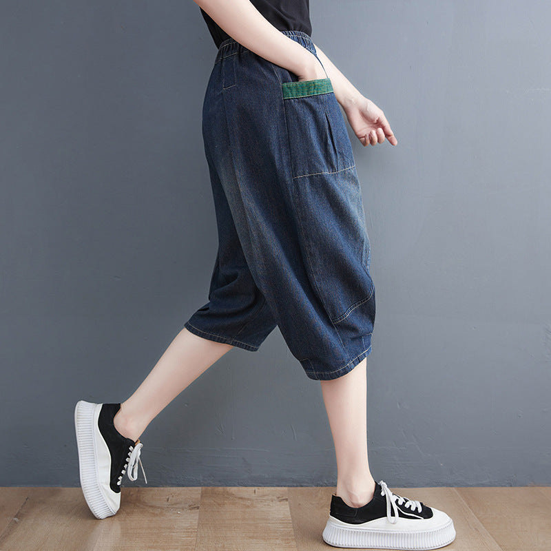 Loose Black Pockets Patchwork Elastic Waist Harem Pants Summer