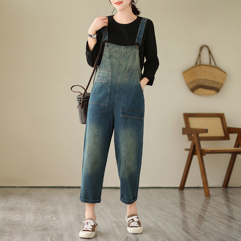 Loose Blue Gradient Color Denim Jumpsuit Fall