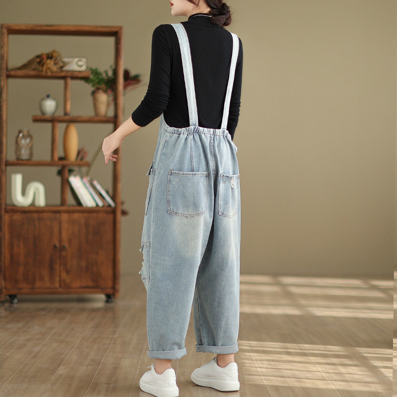 Art Retro Hole Pockets Light BLue Jumpsuit Fall