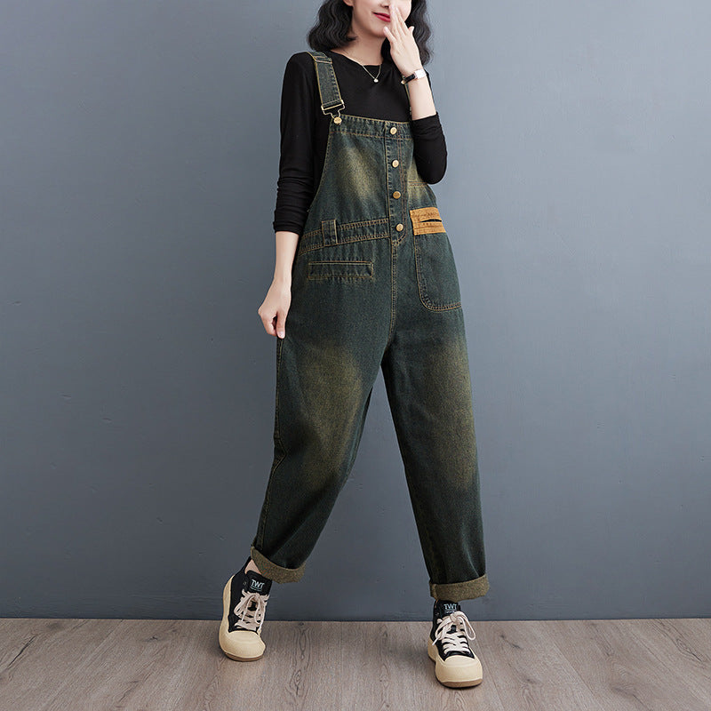 Color-Block Loose Denim Patchwork Pocket Jumpsuit Fall