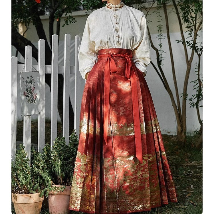 Elegant Red Chinese Lace Up Loose Embroidery Skirts Spring