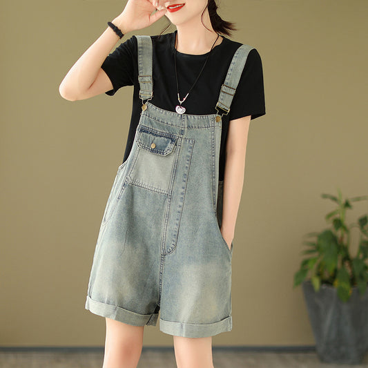 Fashionable Light Blue Patchwork Distressed Denim Jumpsuit Summer