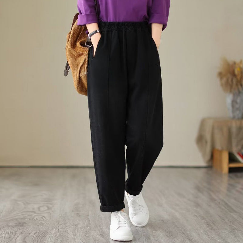 Retro Black Elastic High Waist Denim Cropped Pants Fall