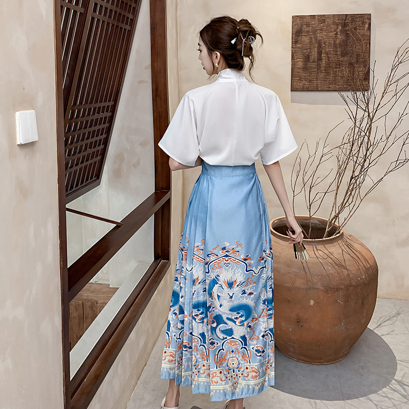 Chinese Print Blue Lace Up Loose Skirt Spring