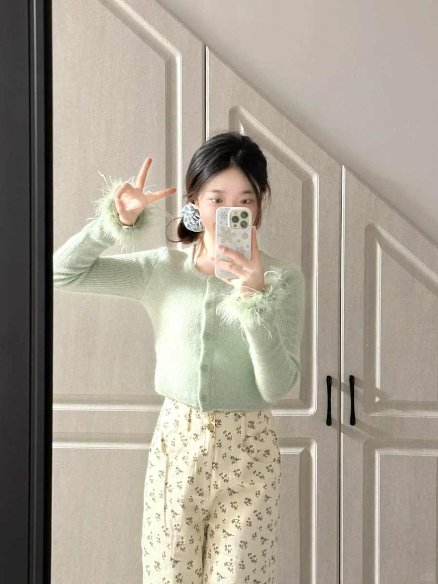 Style Light Green O-Neck Button Cotton Knit Cardigan Fall