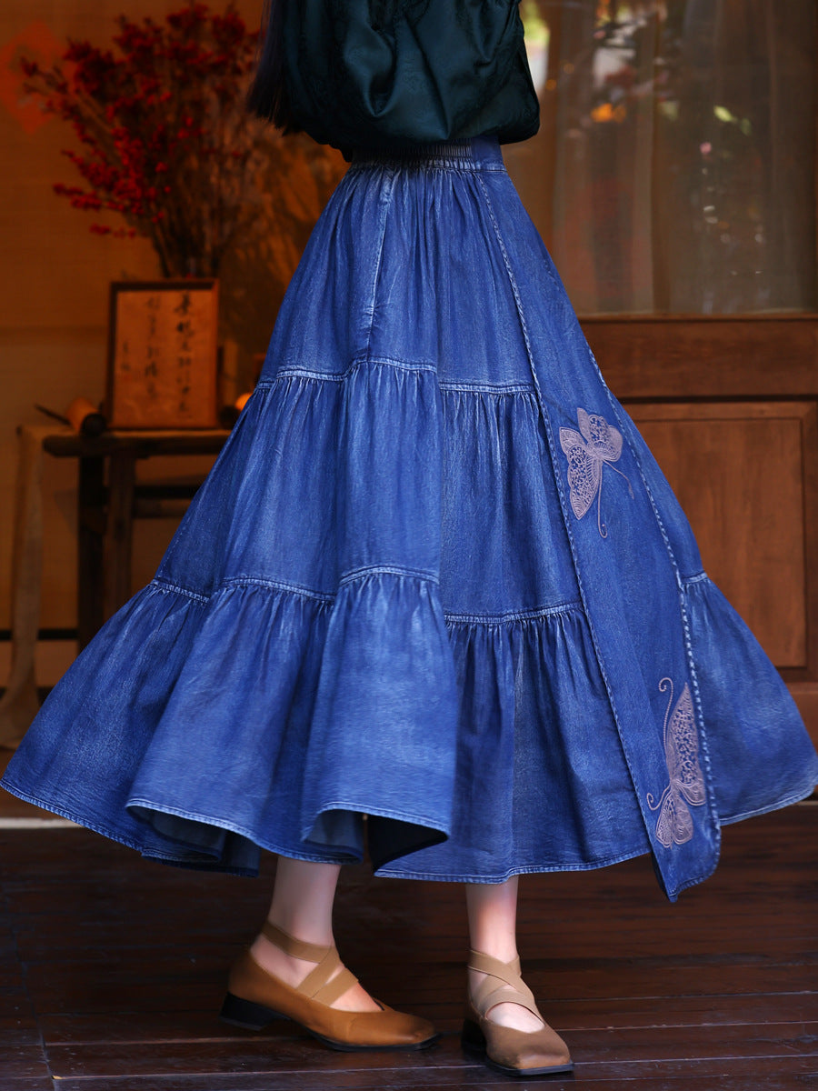 Chinese Style Blue Elastic Waist Embroidery Denim Skirts