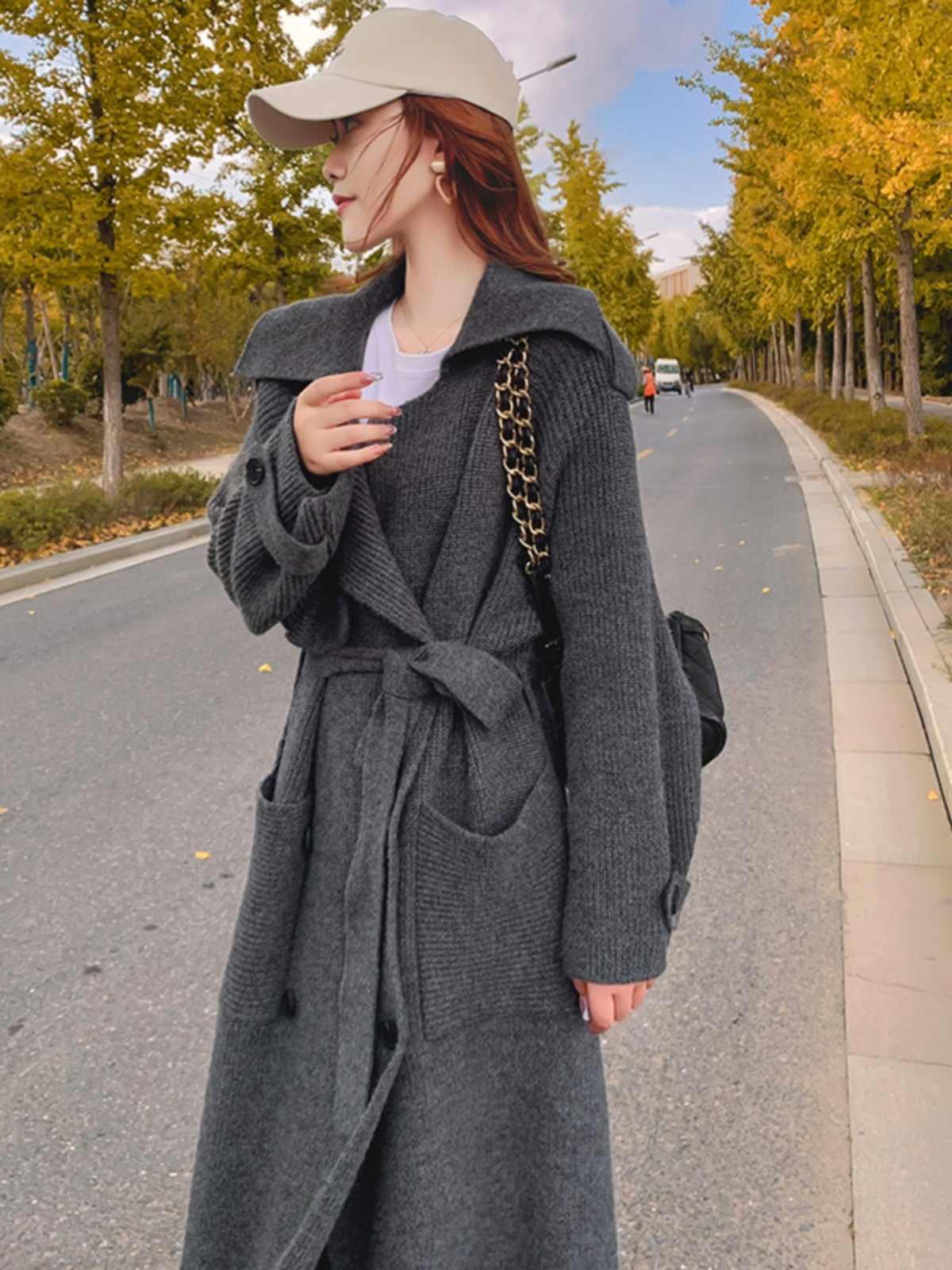 2024 Fashion Grey Peter Pan Collar Pockets Tie Waist Knit Long Coats Winter