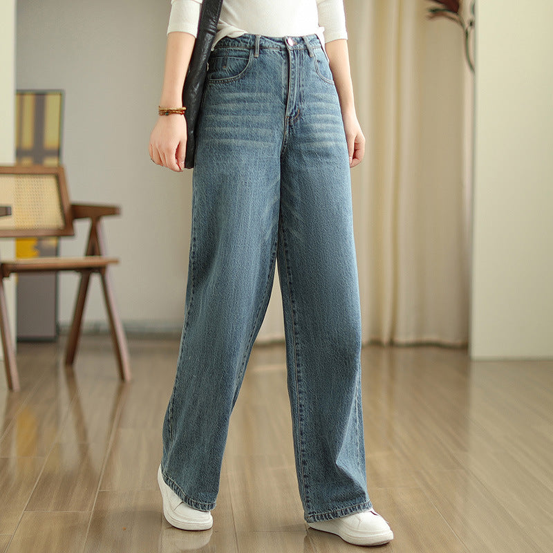 Trend Blue Pockets Waist Denim Pants Fall