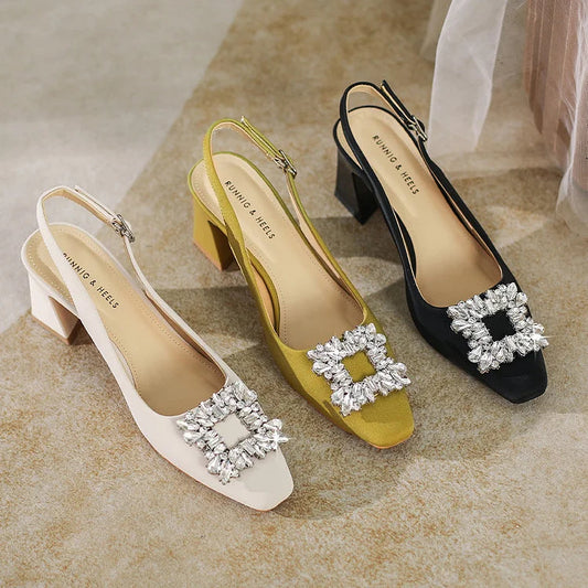 Square-headed Thick Heels Crystal Shoes