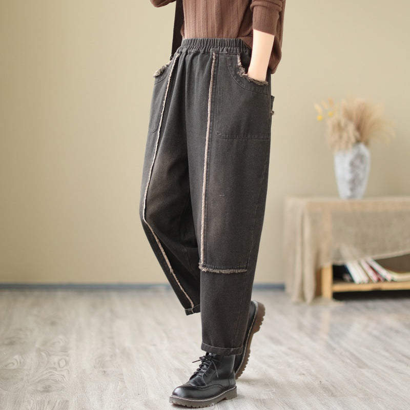 Trend Loose Coffee Pockets Harem Denim Cropped Pants Fall