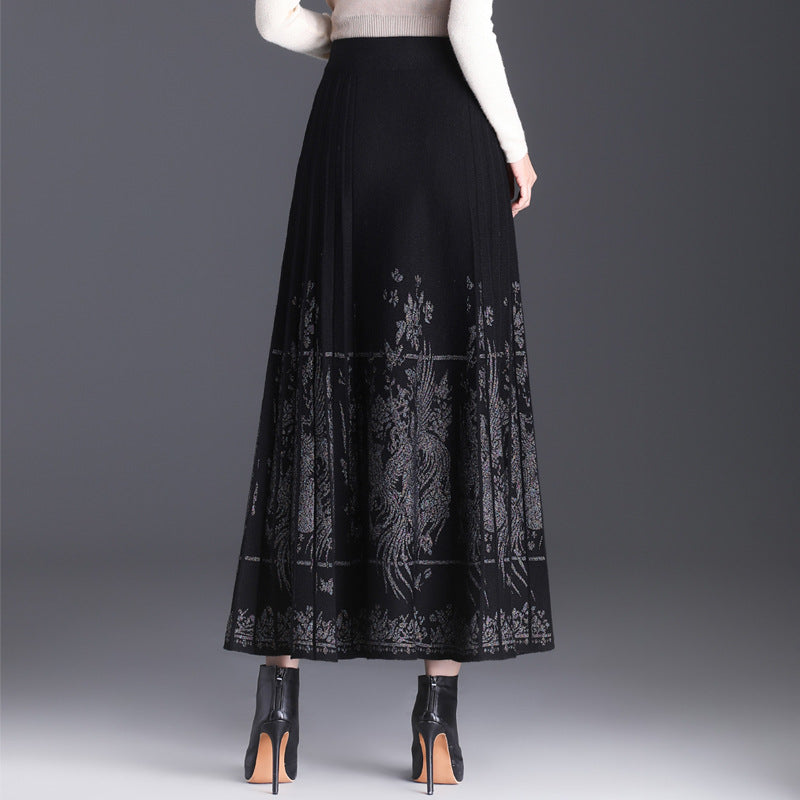 Fashion Black Chinese Loose Elastic Waist Embroidery Skirts