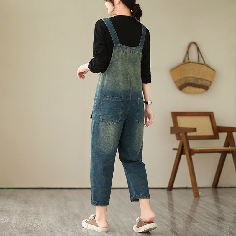 Loose Blue Gradient Color Denim Jumpsuit Fall