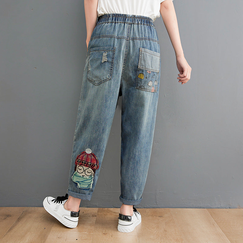 Loose Denim Blue Pockets Patchwork Harem Pants