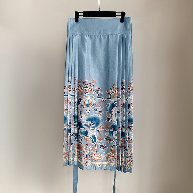 Chinese Print Blue Lace Up Loose Skirt Spring