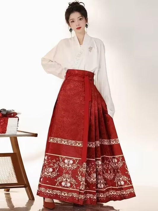 Chinese Style Red Embroideried Lace Up Skirt Spring