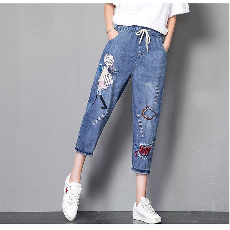 Blue Embroidery Pockets Elastic Waist Denim Wide Leg Pants Autumn