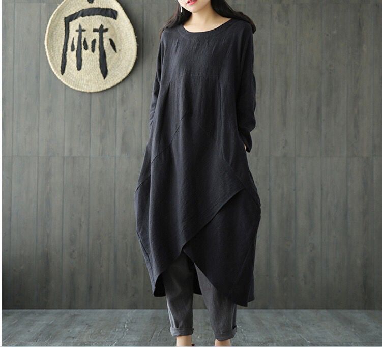 Casual Black Ethnic Style Linen Dresses Fall