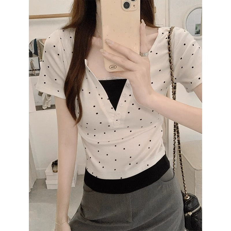 Women White Dotted Print Top Two Pieces Set Spring