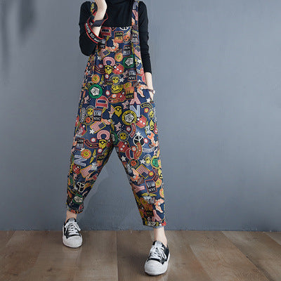 Trend Printed Pockets Denim Jumpsuits Fall