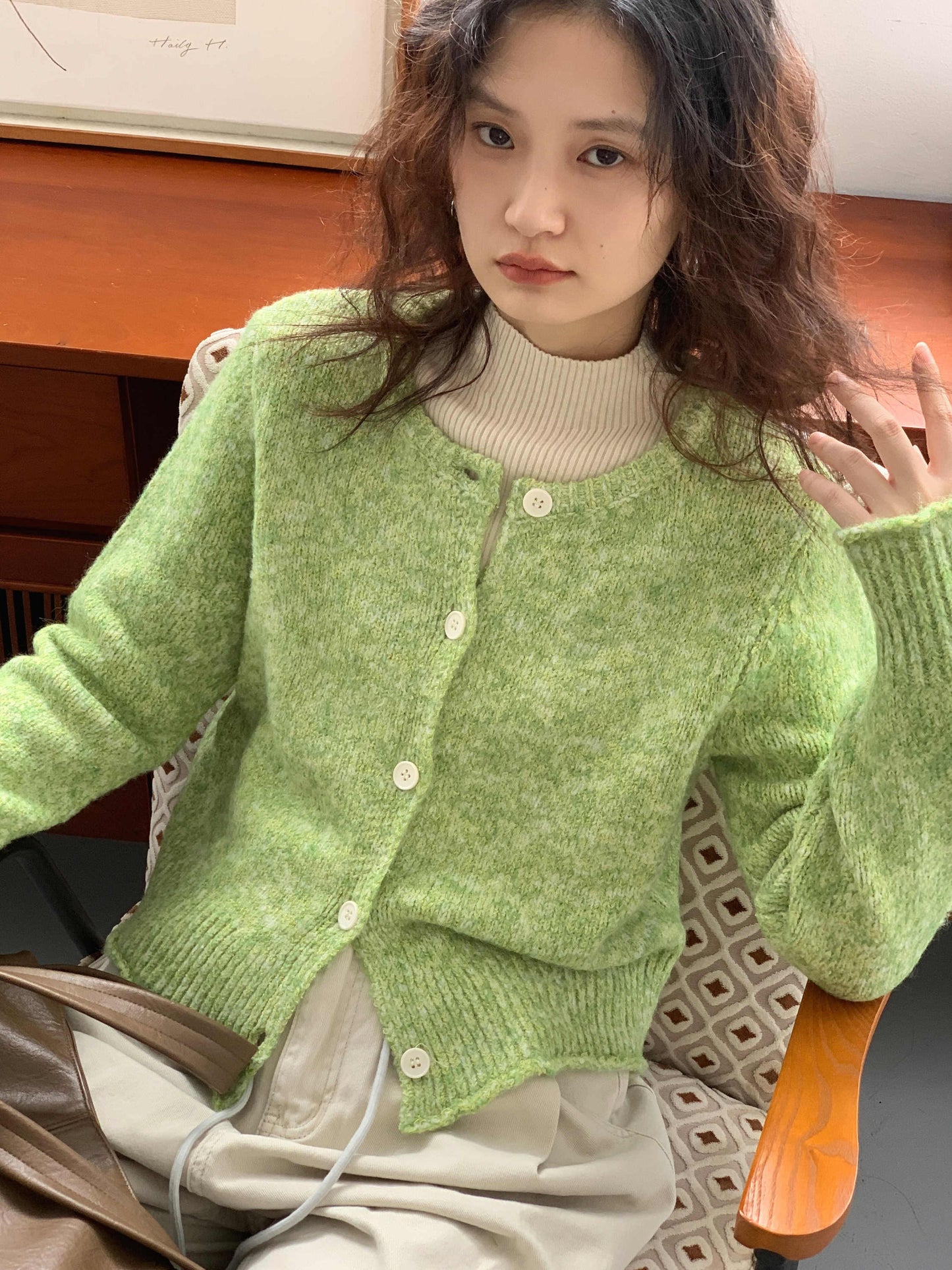 2024 Fitted Green O-Neck Button Cozy Cotton Knit Cardigan Winter