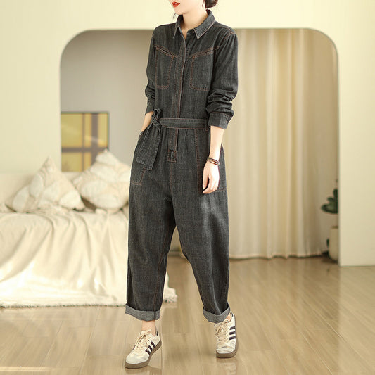 Fashionable Black Patchwork Denim Jumpsuit Spring