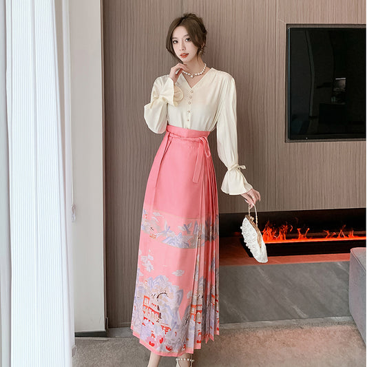 Pink Elegant Cotton Chinese Lace Up Loose Pirnt Skirts