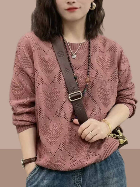 2024 Casual Rose O-Neck Hollow Out Cotton Knitted Sweaters Fall