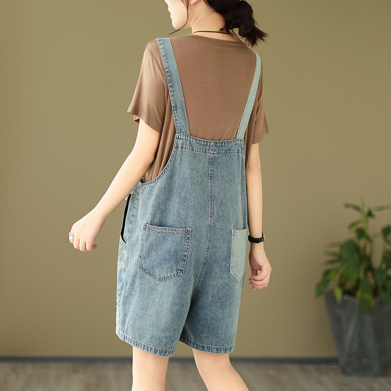 Art Loose Patchwork Distressed Denim Jumpsuit Summer