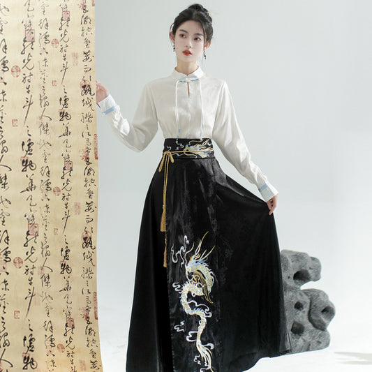 Elegant Black Chinese Lace Up Loose Hight Waist Embroidery Skirts