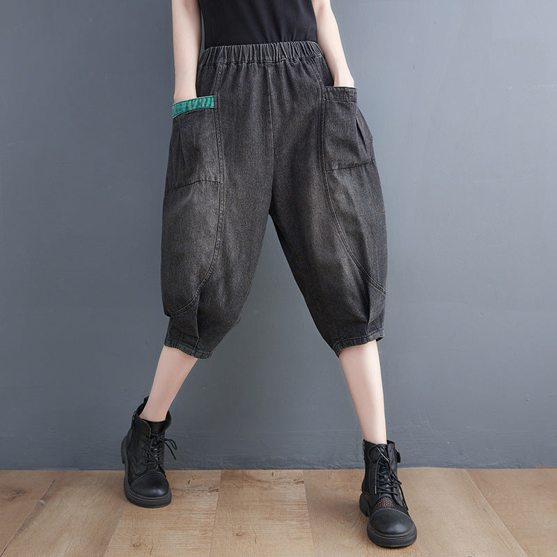 Loose Black Pockets Patchwork Elastic Waist Harem Pants Summer