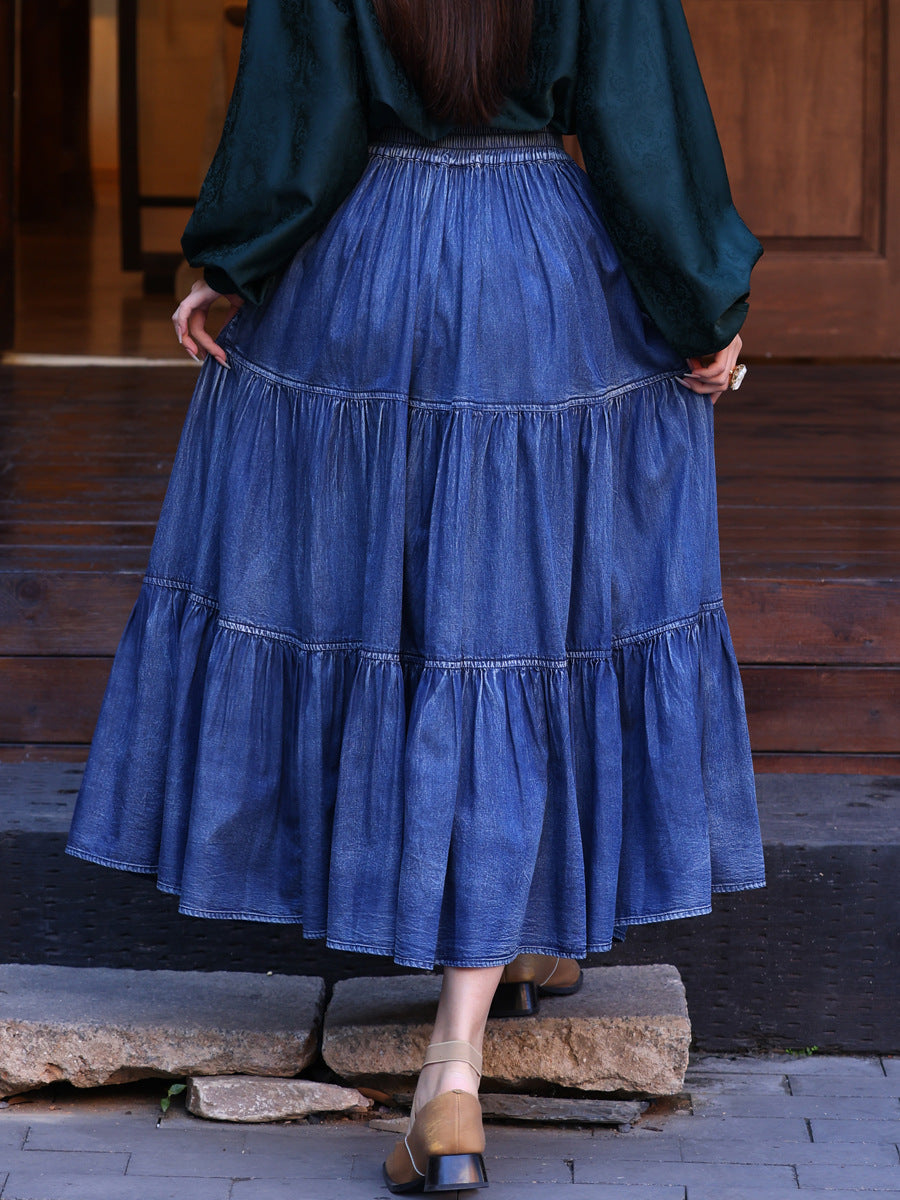 Chinese Style Blue Elastic Waist Embroidery Denim Skirts