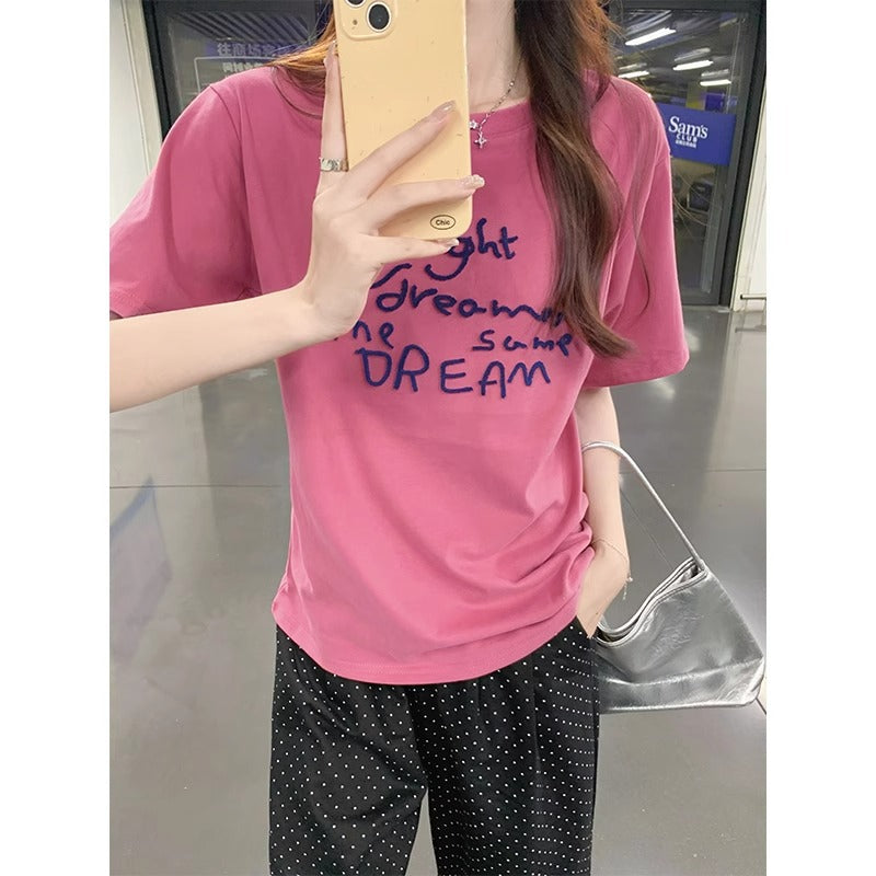 Women Stylish Pink Print O-Neck T Shirt Summer