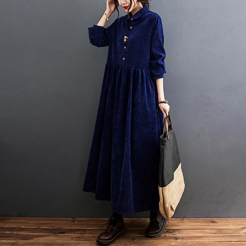 Navy Button Corduroy Maxi Dresses Fall