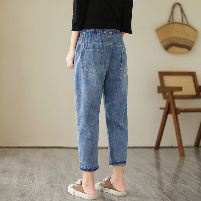 Trend Pockets Embroidered Elastic Waist Denim Pants Autumn