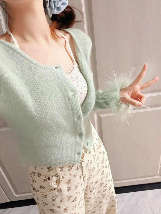 Style Light Green O-Neck Button Cotton Knit Cardigan Fall