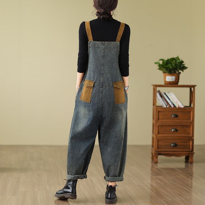 Light Blue Printed Pockets Patchwork Denim Jumpsuits Summer