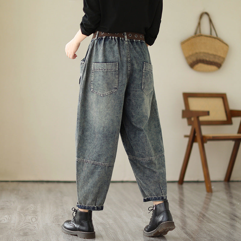 Classic Light Blue Loose Pockets Harem Denim Pants Summer