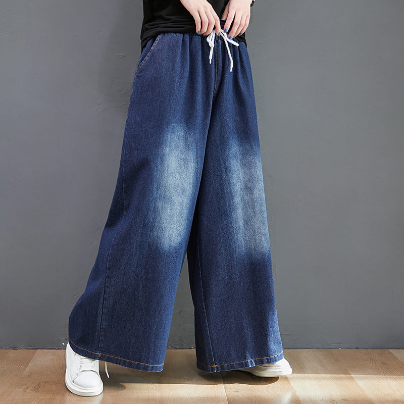 Blue Classic Loose Drawstring Elasticity Denim Wide Leg Pants Autumn