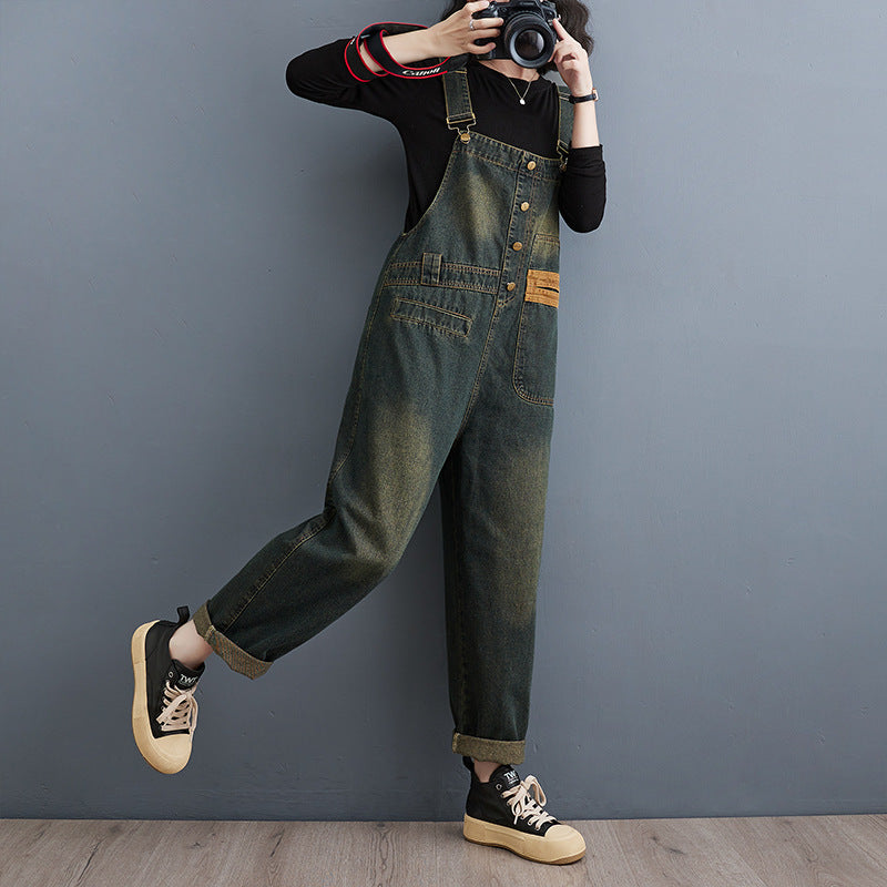 Color-Block Loose Denim Patchwork Pocket Jumpsuit Fall