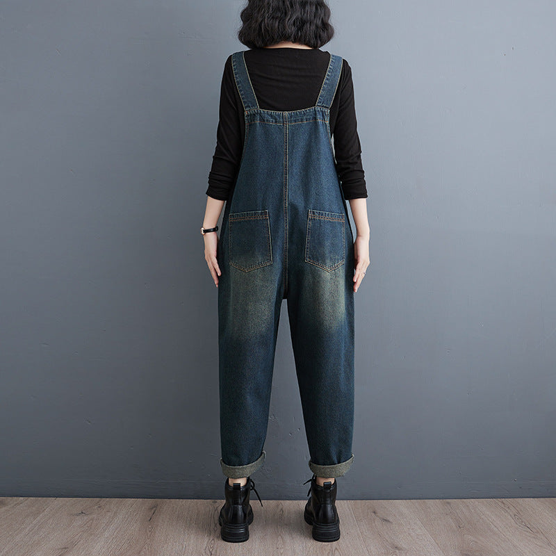 Women Fashionable Loose Denim Patchwork Pocket Jumpsuit