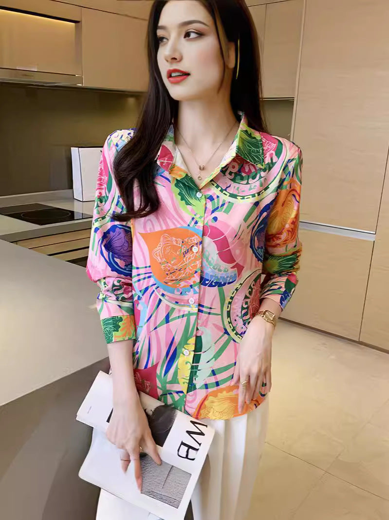 Fashionable casual Loose Button printed Long-Sleeved Shirt