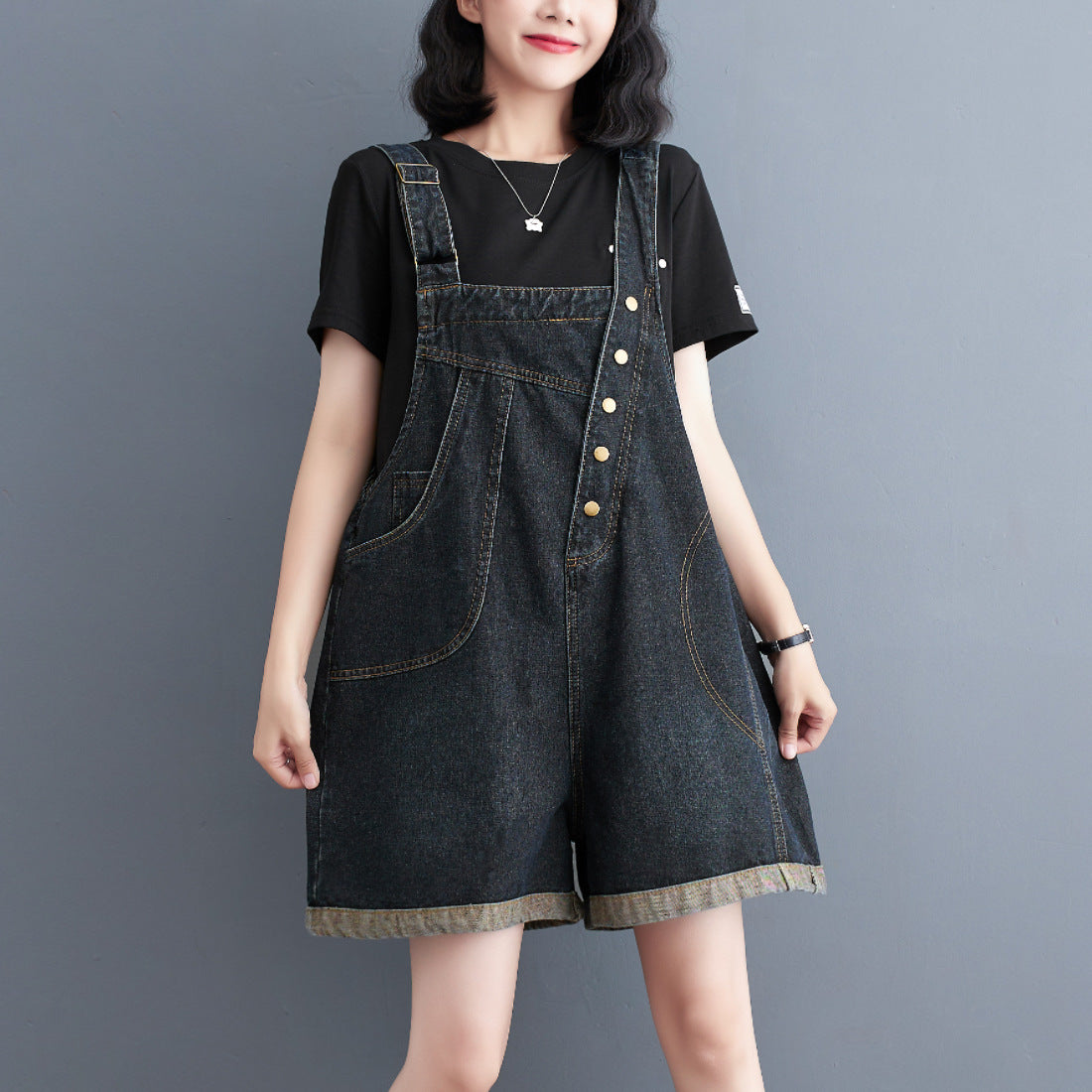 Loose Black Pocket Patchwork Plus Size Denim Shorts Jumpsuit Summer