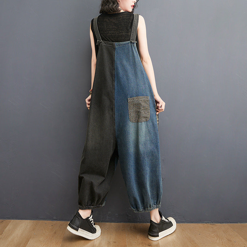 Fashionable Loose Denim Patchwork Jumpsuit