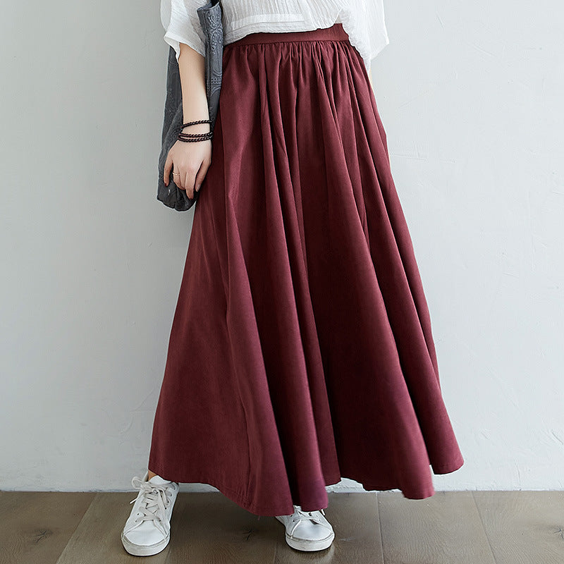 Loose Gray Cotton Skirt Elastic Waist Fall